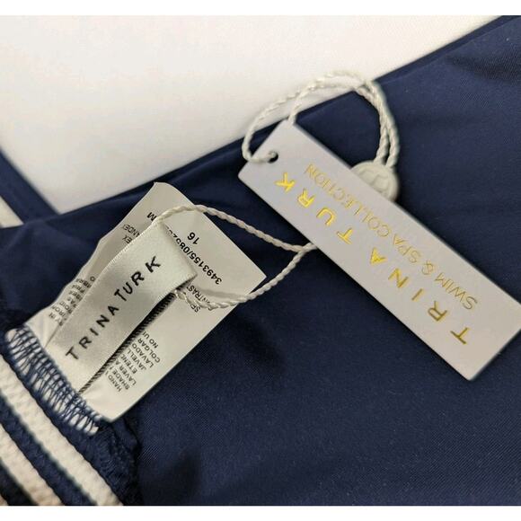 Trina Turk Monaco Pleated Navy Blue Striped Halter Bikini Swim Top Adjustable 16 - Picture 4 of 7